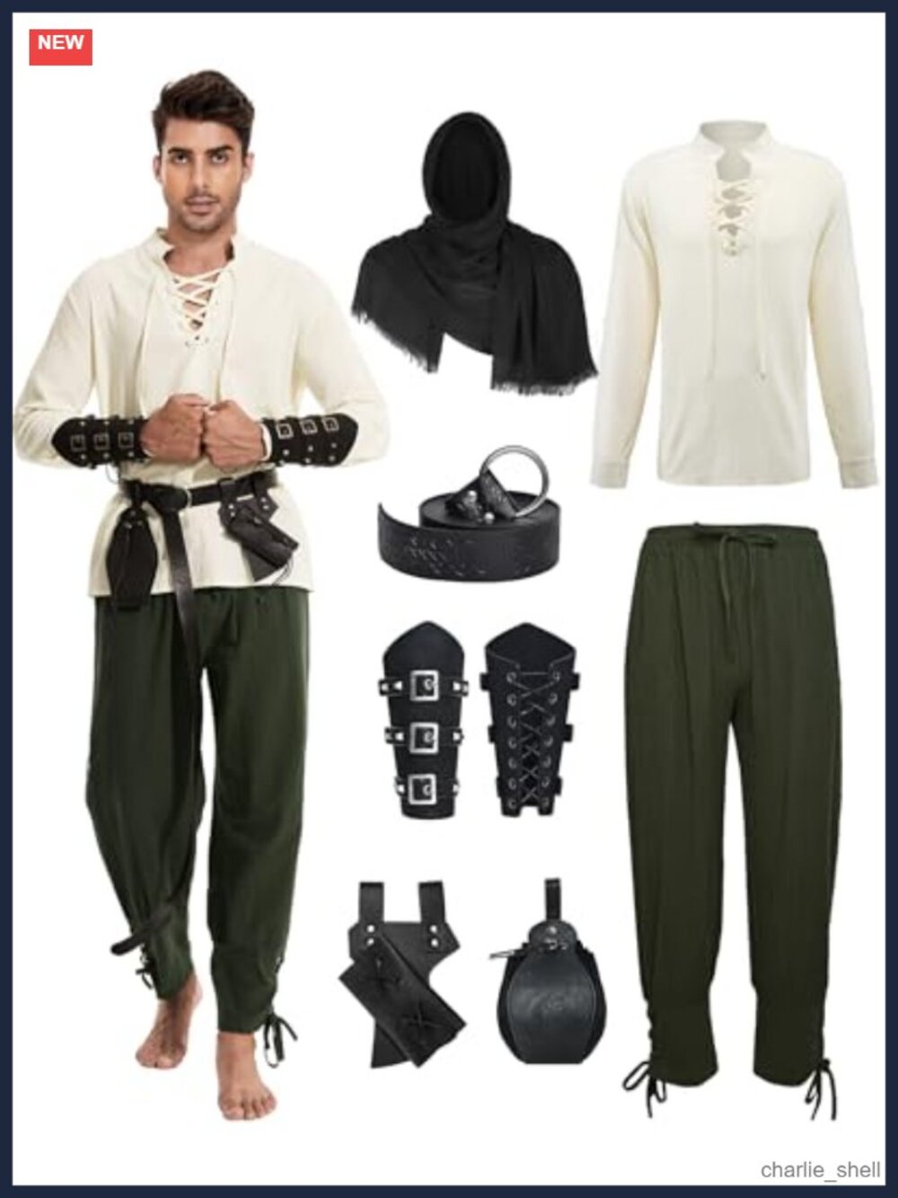 Men's Renaissance Costume Medieval Outfit 7 Piece Faux Leather Belt Pouch